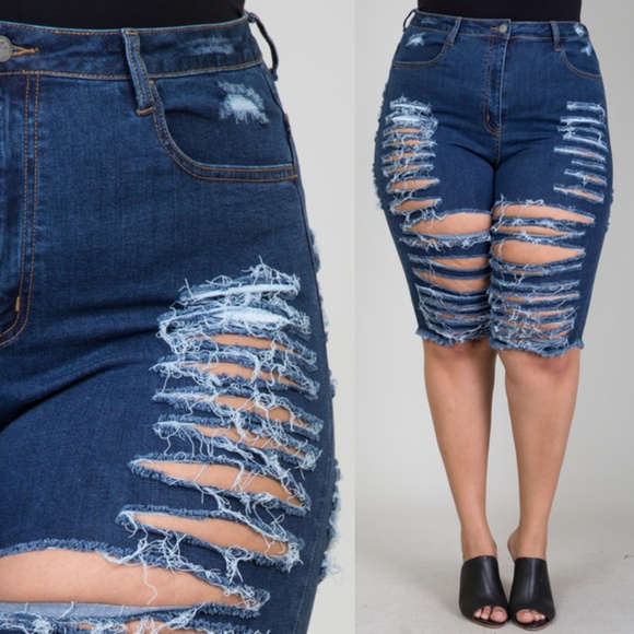 1x dark blue destroyed denim Bermuda shorts - Picture 6 of 6